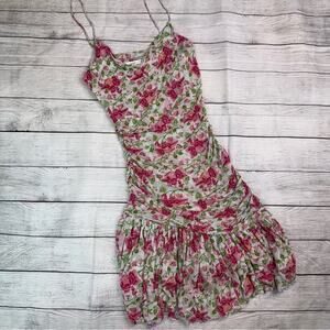 Diane Von Furstenberg 100% Silk Floral Fit Flare Dress Ruching Flutter Skirt 10
